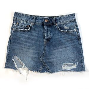 Zara Basic Medium Denim Skirt Frayed Button Fly